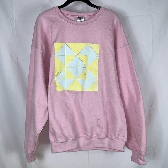 90s Sweatshirt DIY Paint Geometric Square Triangle Fleece Pullover Crewneck Top - Picture 1 of 7